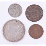 Latvian 1931 Five Lati Coin, accompanied by 1738 Portugal 5 Reis, Rome Gregory XVI 1838 half penny