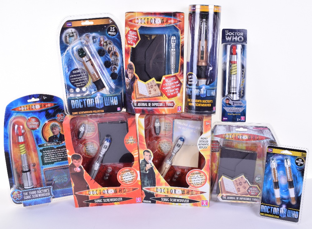 Eight Doctor Who Sonic Screwdrivers, including, 2 x the 3rd Doctor screwdrivers, the 9th Doctor,