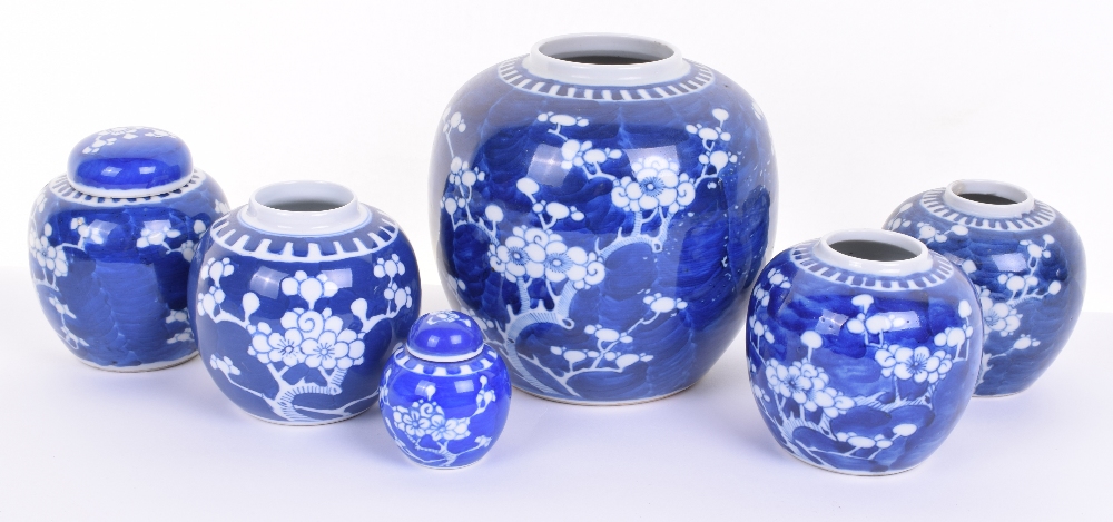 Selection of Chinese Ginger Jars, all decorated in blue and white with prunus blossom. Two with