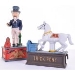 Two Cast Iron Reproduction Money Banks, Uncle Sam and Trick Pony, both in excellent condition (2