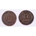 Two Dorset Dorchester Town Farthing Tokens, 1669, with city gates and The Armes of Dorchester to