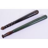 Two Old Police Truncheons, one with green painted shaft, stamped with crown and MP. The other is