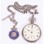 Gentleman’s Pocket Watch with Hallmarked Silver Case, white enamel dial with Roman numerals.