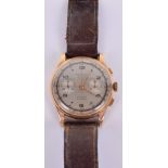 Gentleman’s 18k Gold Chronograph Wrist Watch with two subsidiary dials and brown leather strap. Dial