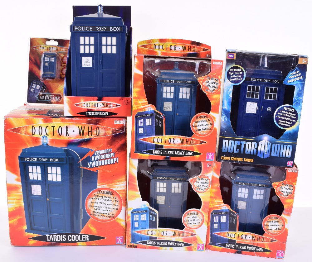 Quantity of Doctor Who Tardis Collectibles, Tardis Cooler, 3 x Tardis Talking Money Bank’s, Tardis