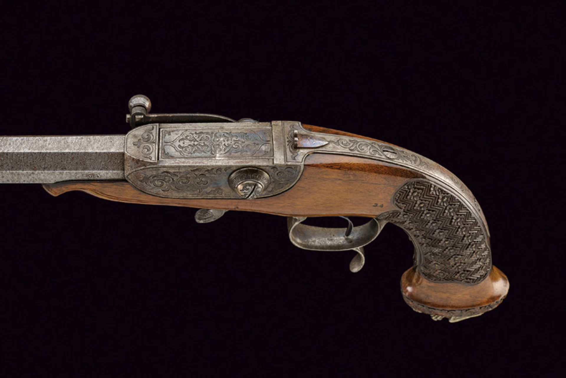 A rare percussion breechloading pistol dating: mid-19th Century provenance: Italy Octagonal, damask, - Image 2 of 6