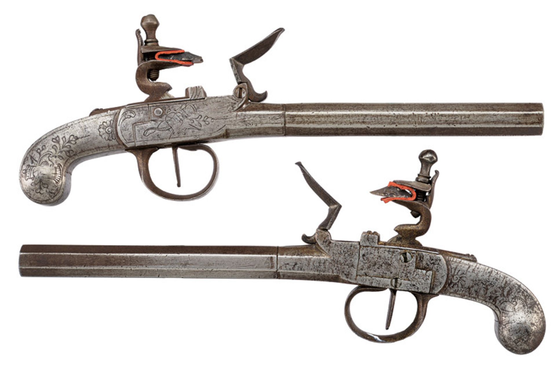 A rare pari of full iron flintlock pocket pistols dating: circa 1800 provenance: France Smooth,