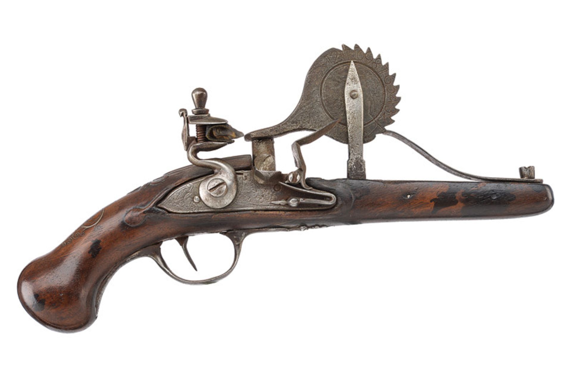 A flintlock powder tester dating: late 18th Century provenance: Italy Wooden stock, decorated with