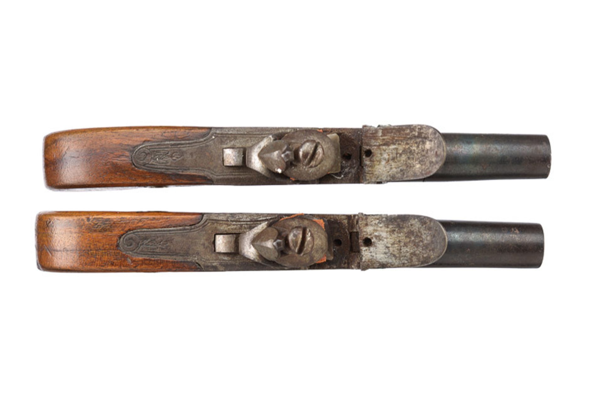 A pair of flintlock pocket pistols dating: mid-19th Century provenance: France Smooth, round, turn- - Image 2 of 3