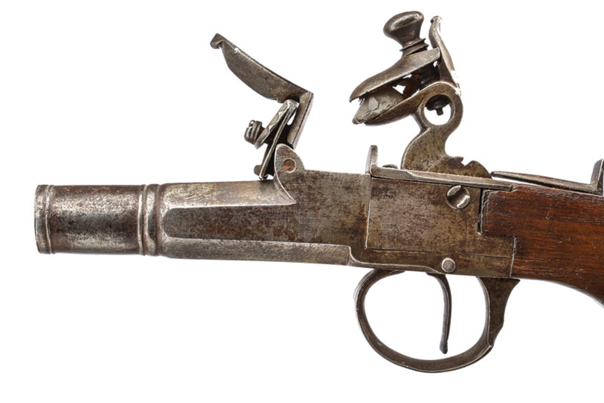 A flintlock pocket pistol dating: first quarter of the 19th Century provenance: Europe Smooth, two- - Image 2 of 2