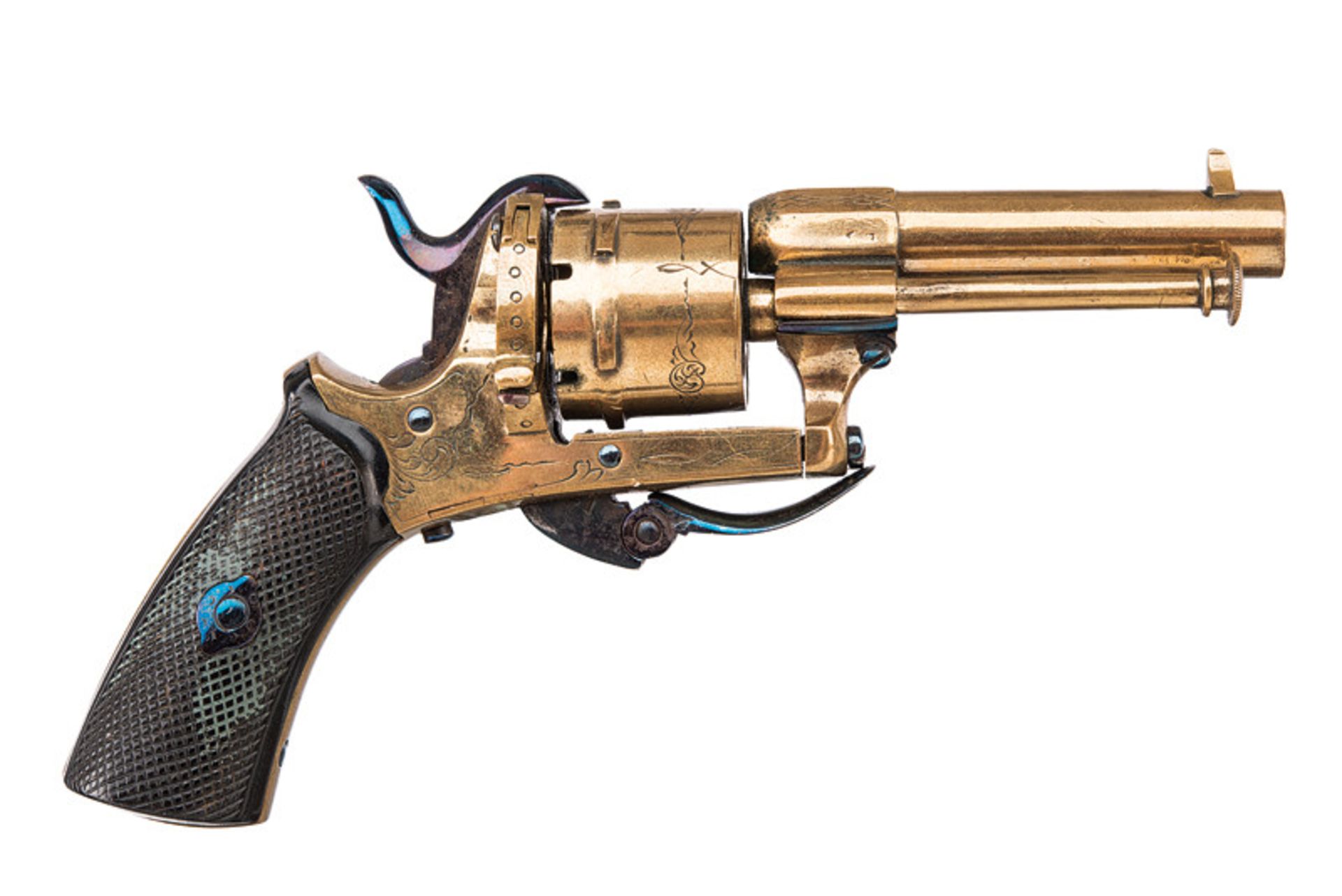 A rare brass pin-fire revolver dating: third quarter of the 19th Century provenance: Belgium Rifled,