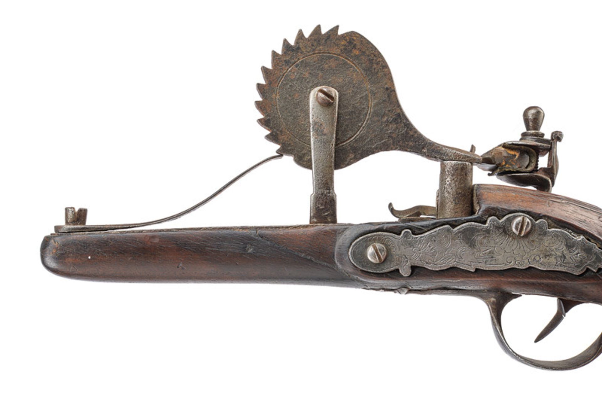 A flintlock powder tester dating: late 18th Century provenance: Italy Wooden stock, decorated with - Image 2 of 3