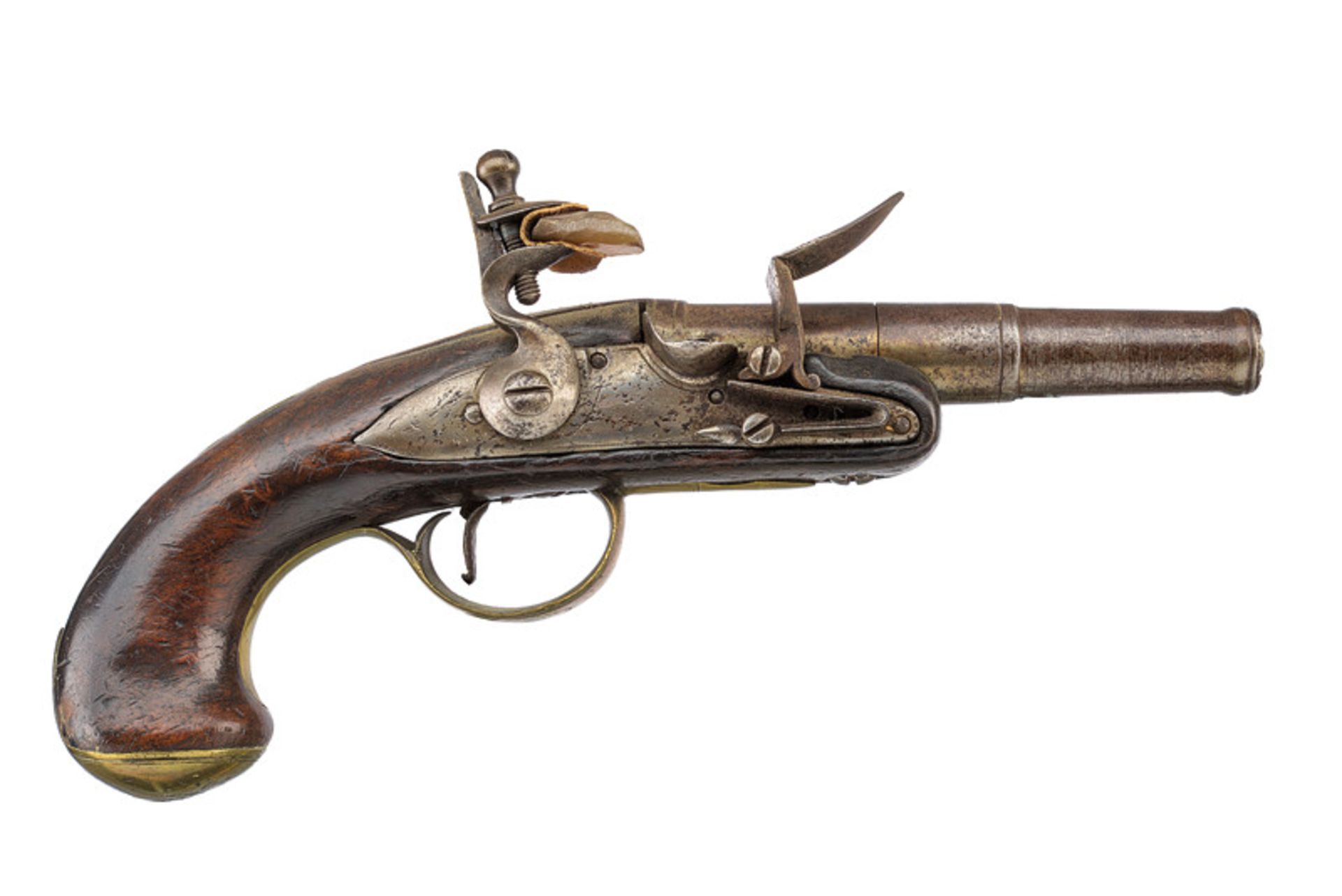 A flintlock pistol dating: late 18th Century provenance: Italy Round, smooth, turn-off, 11 mm cal.