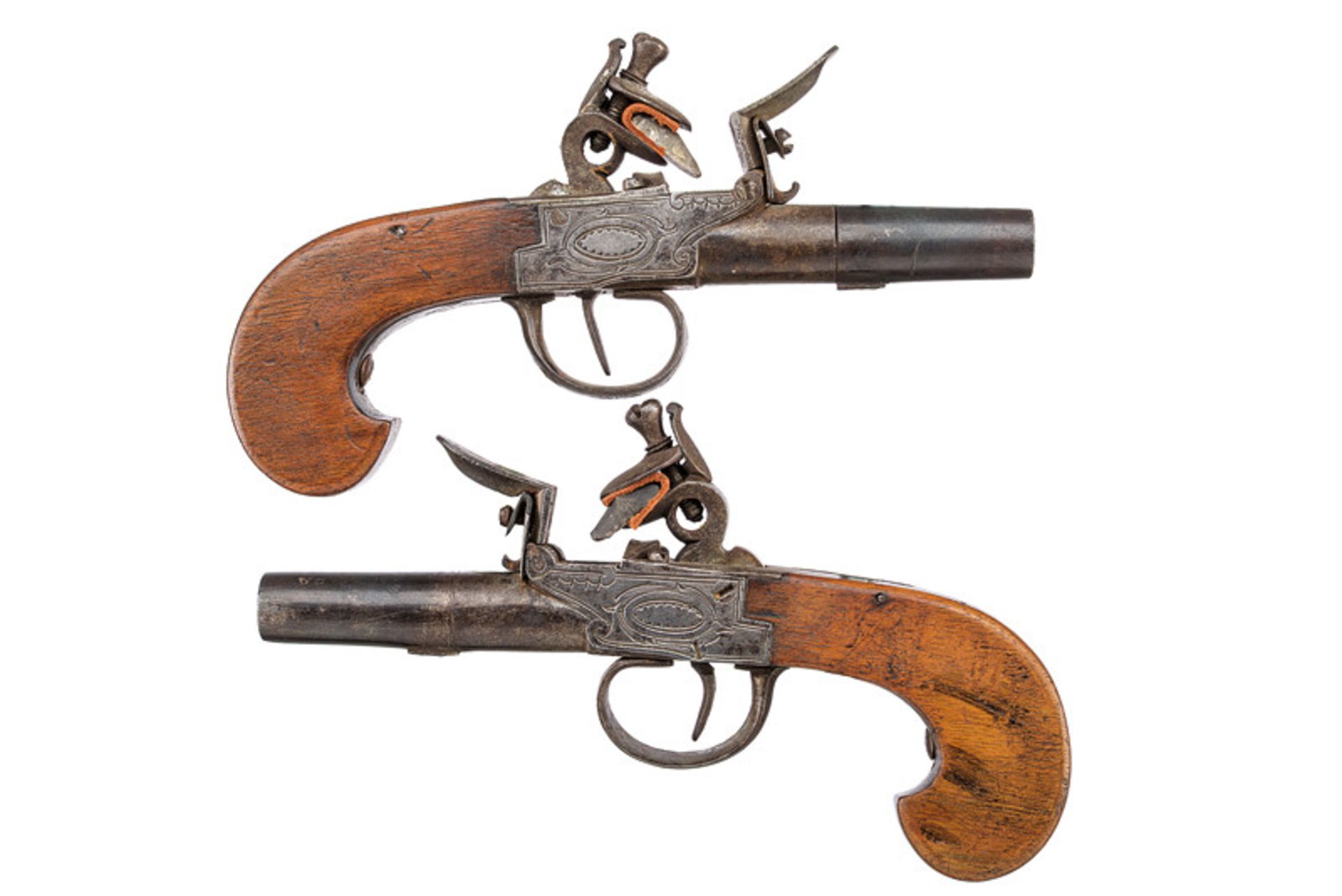 A pair of flintlock pocket pistols dating: mid-19th Century provenance: France Smooth, round, turn-