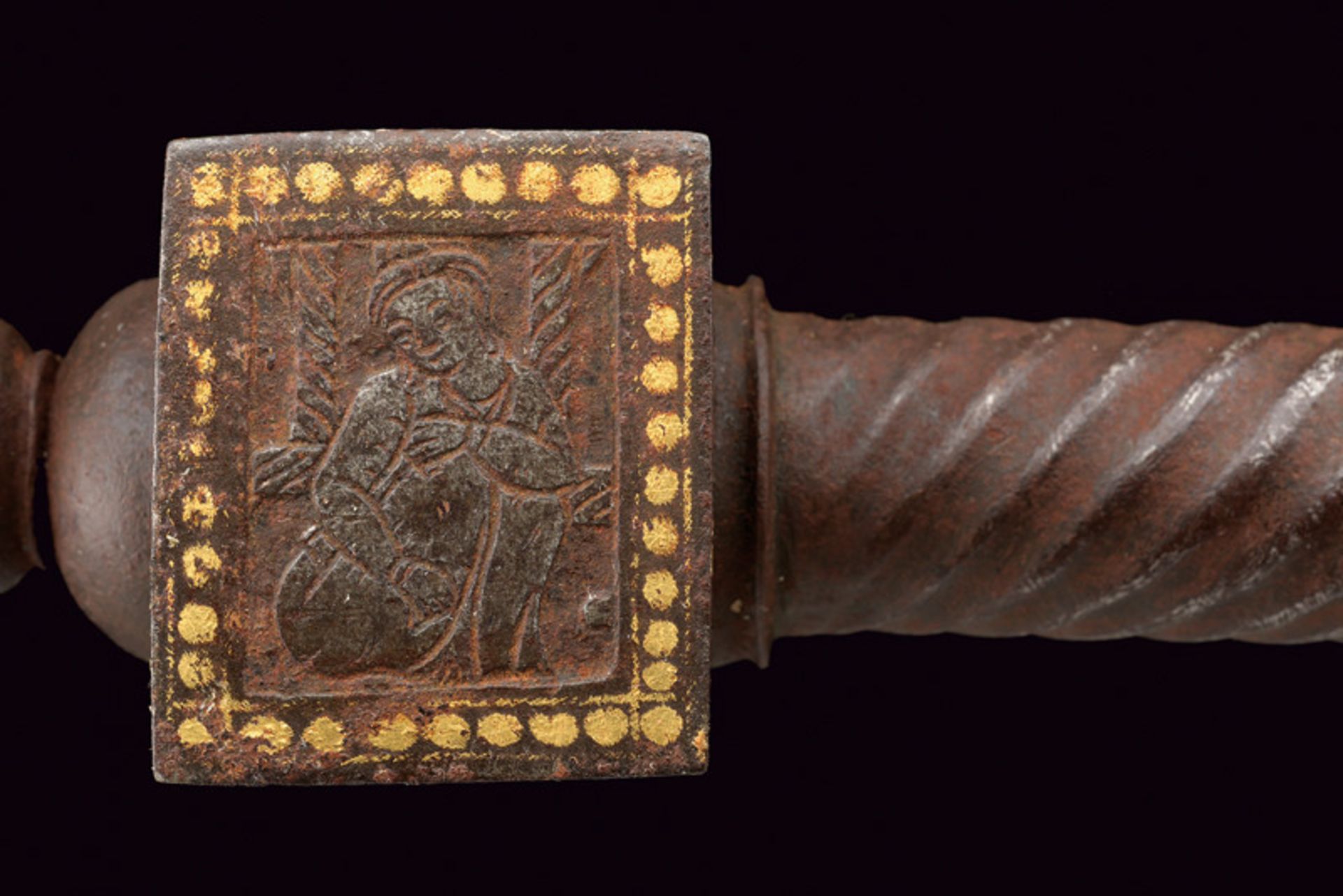 An axe with inscriptions dating: 19th Century provenance: Indopersia Entirely made of iron; convex- - Image 4 of 5