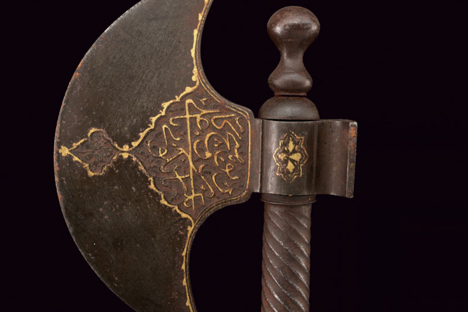 An axe with inscriptions dating: 19th Century provenance: Indopersia Entirely made of iron; convex- - Image 3 of 5