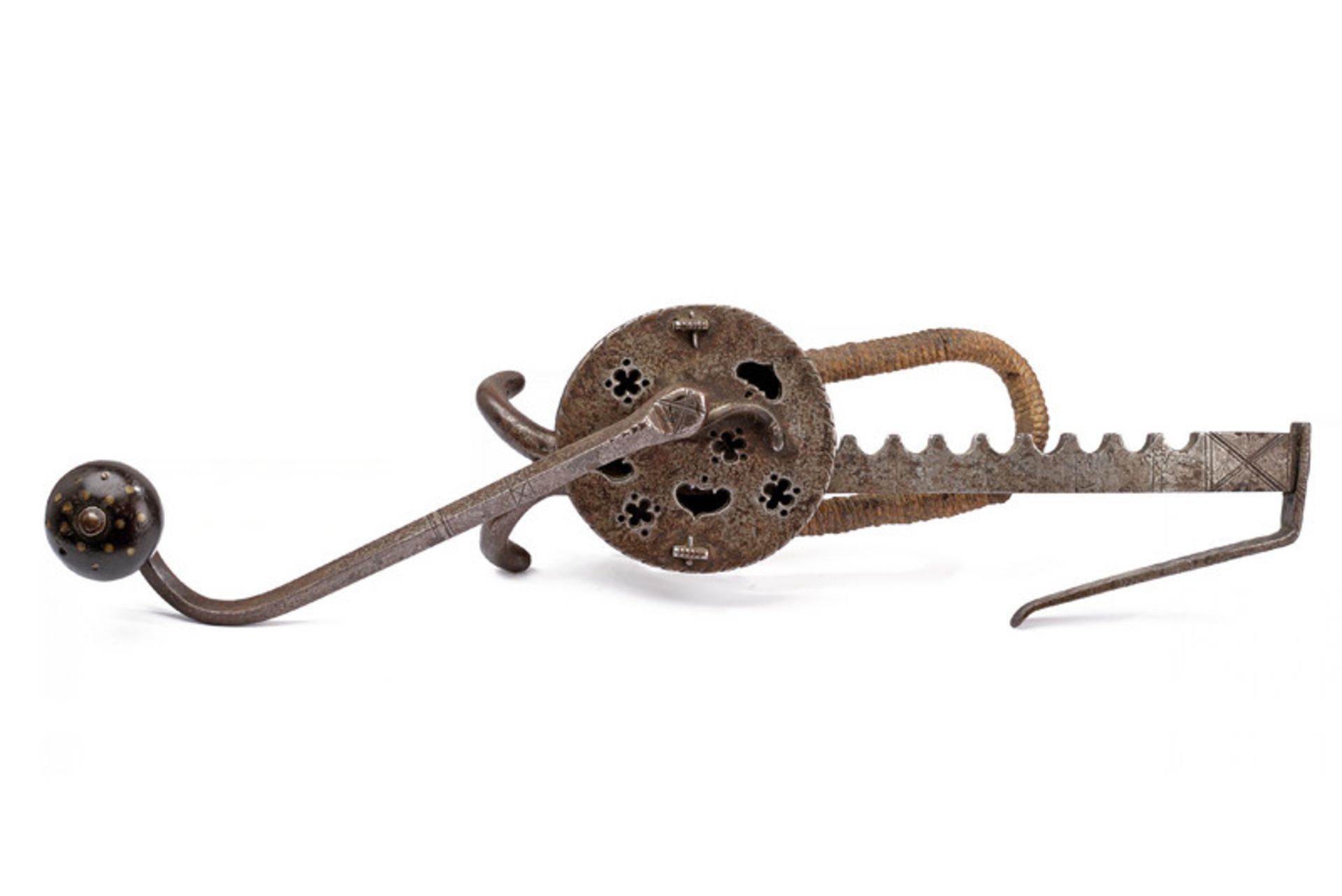 A crossbow jack dating: 17th Century provenance: Germany Round, iron box containing a toothed wheel, - Image 5 of 5