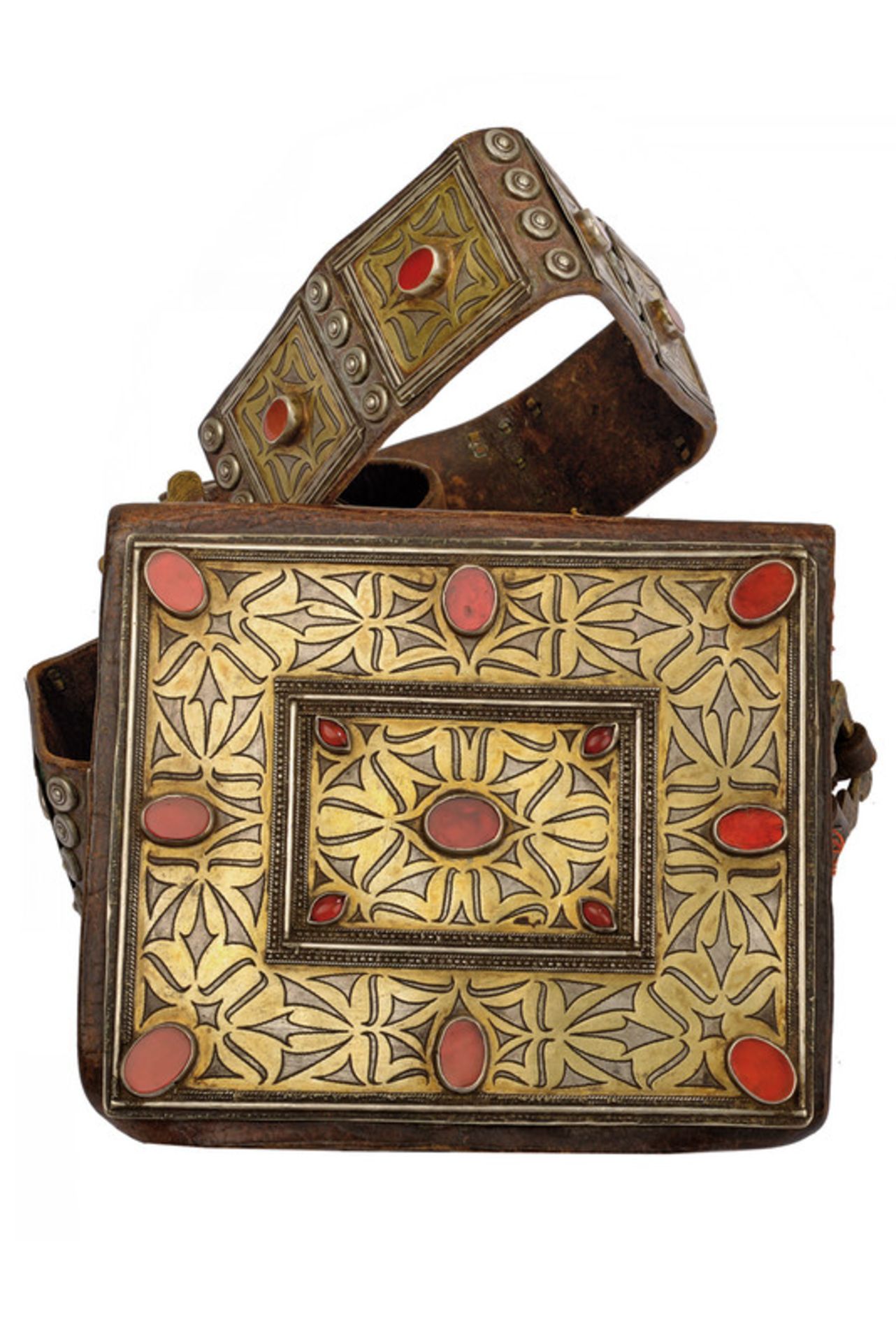 A Coran bag dating: circa 1900 provenance: Asia Made of leather, the cover with brass-inlaid