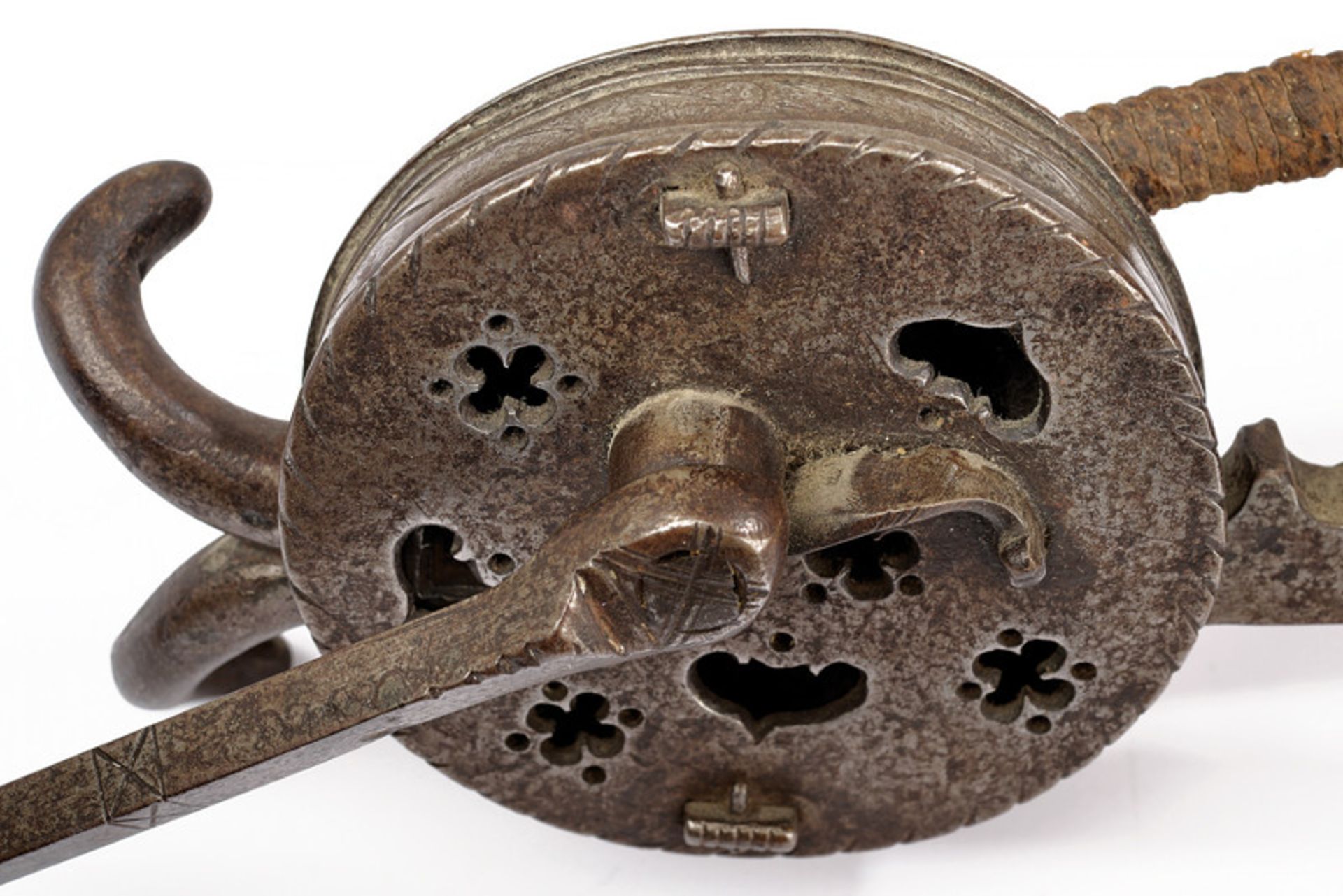 A crossbow jack dating: 17th Century provenance: Germany Round, iron box containing a toothed wheel, - Image 4 of 5