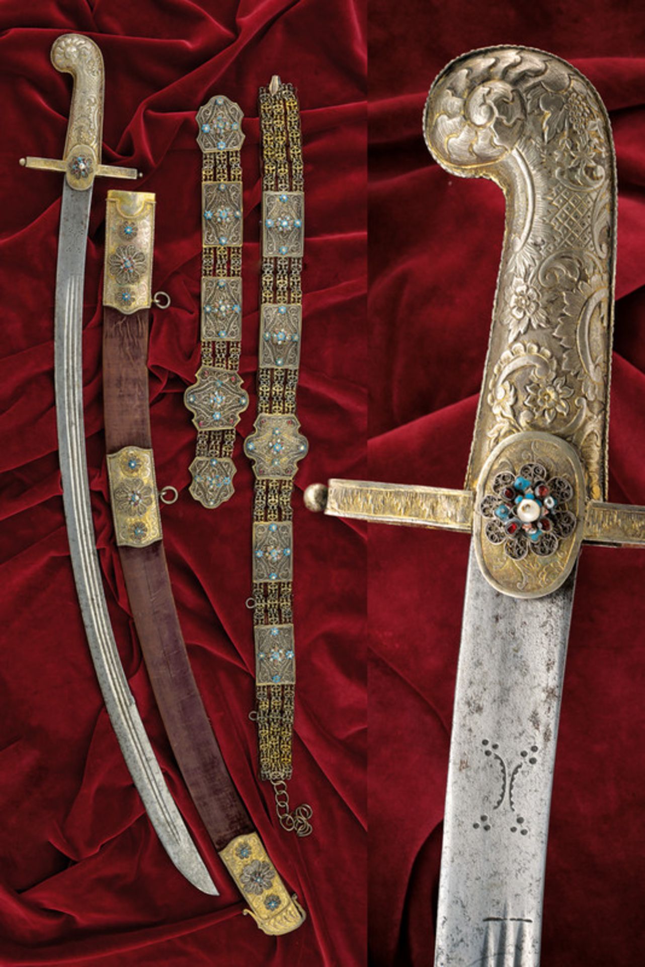 An elegant vermeil mounted Magnate's sabre, with decorated belt dating: circa 1800 provenance: