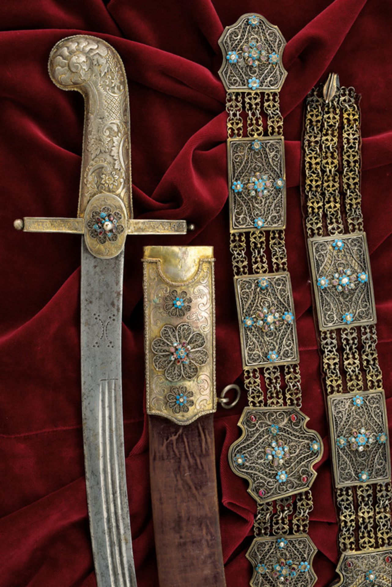 An elegant vermeil mounted Magnate's sabre, with decorated belt dating: circa 1800 provenance: - Image 8 of 9