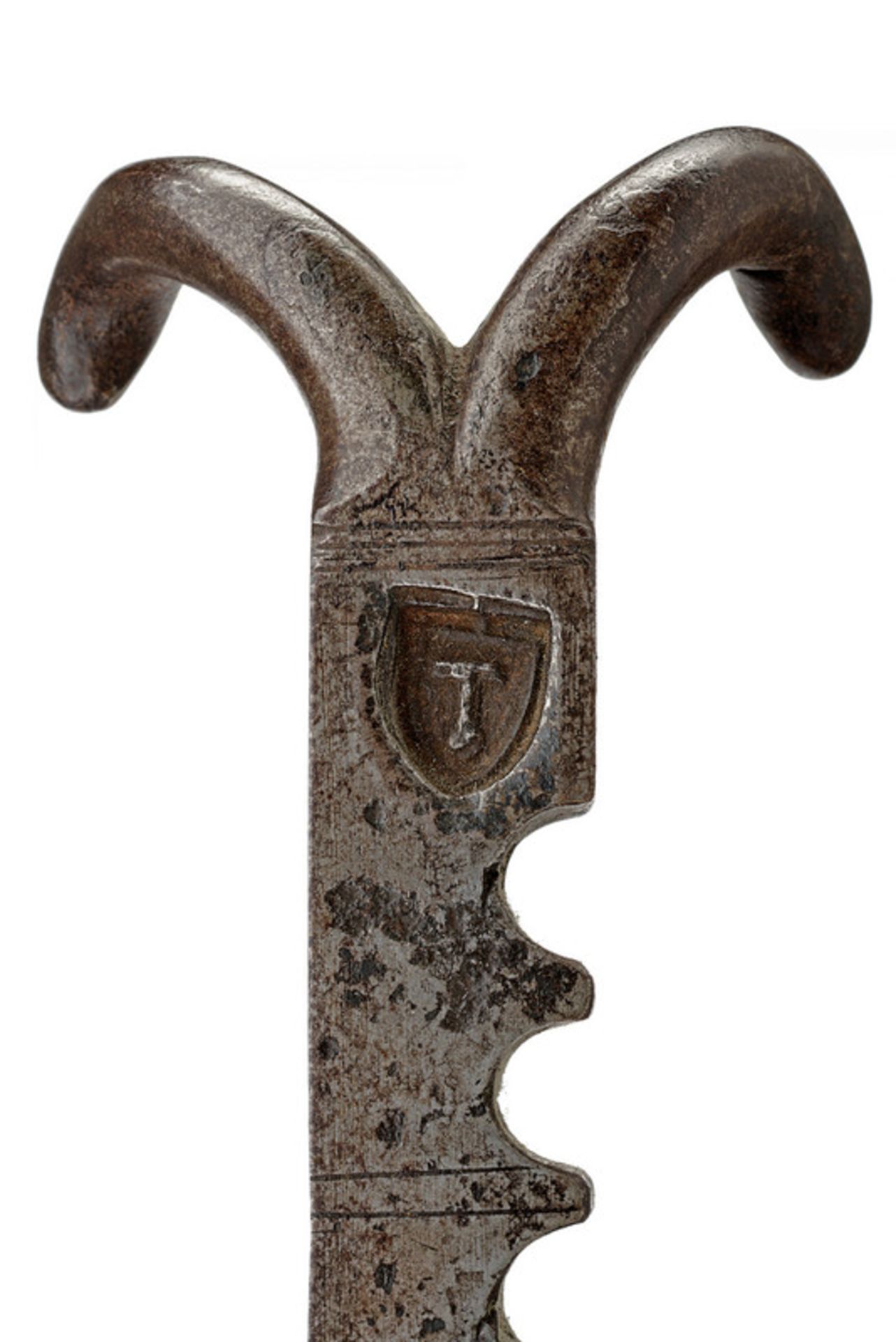 A crossbow jack dating: 17th Century provenance: Germany Round, iron box containing a toothed wheel, - Image 2 of 5