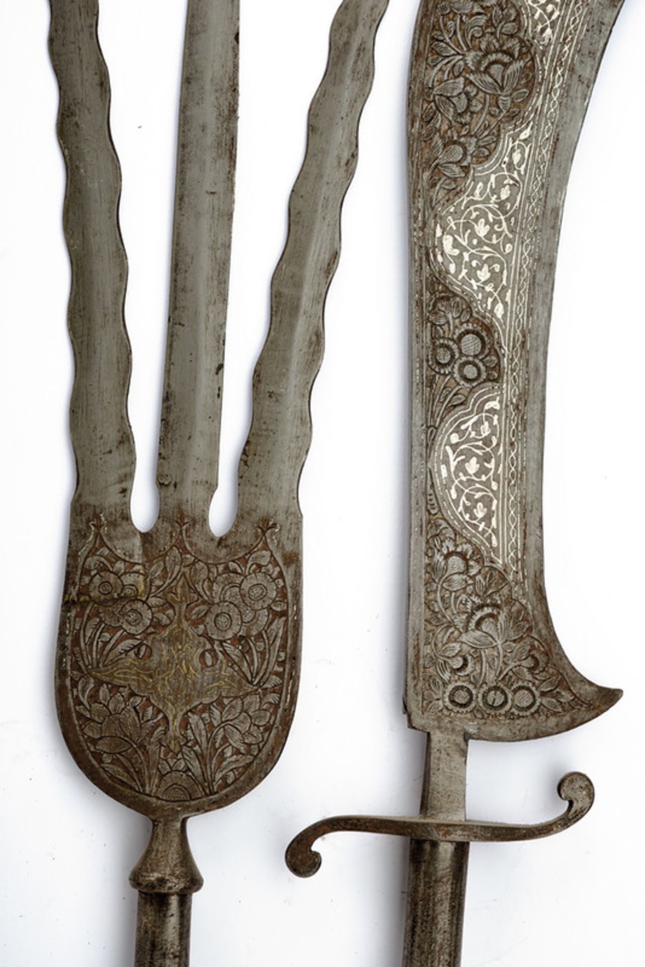 A lot of two pole arms dating: late 19th Century provenance: Persia An iron trident with three - Image 2 of 3