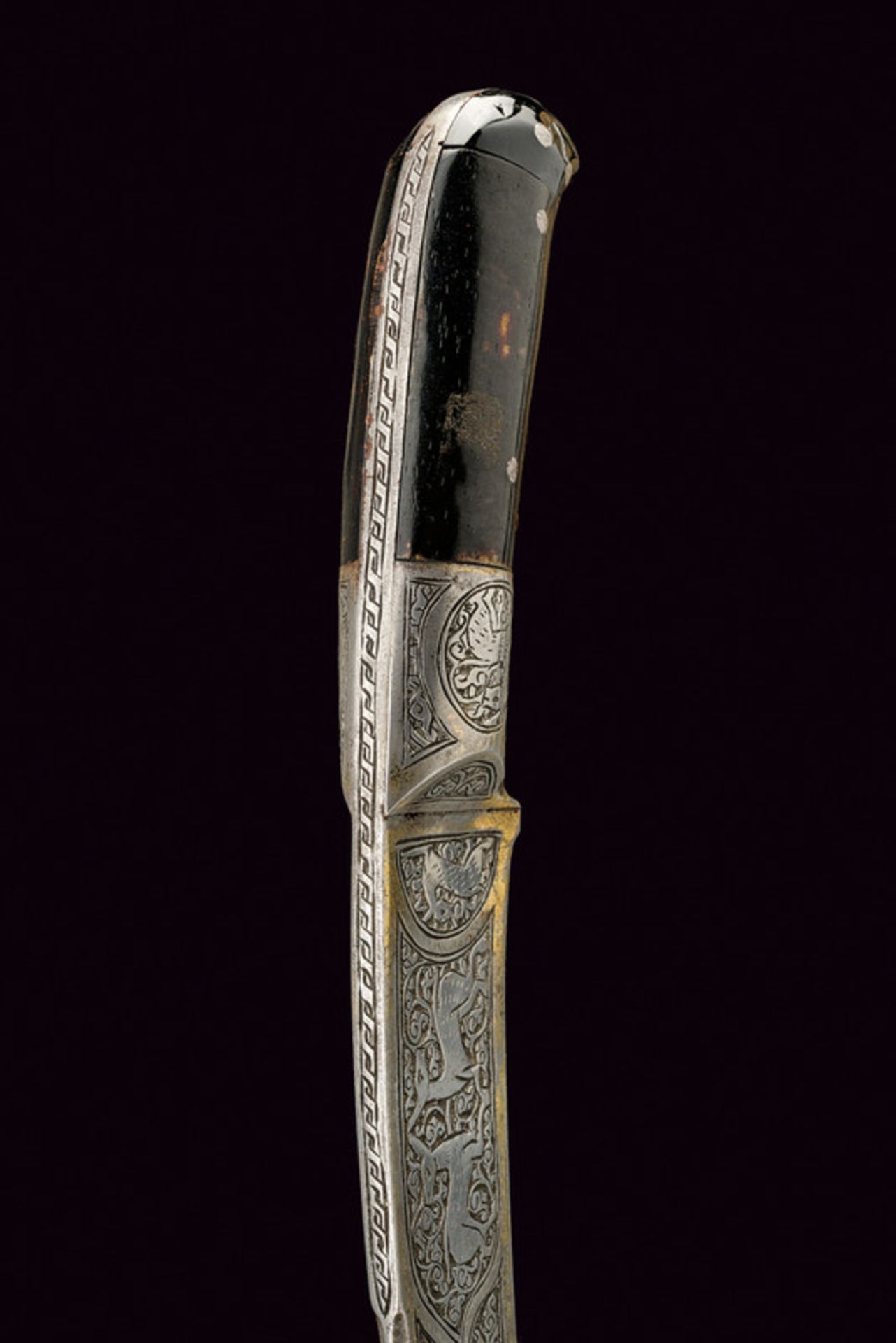 A carved pesh kabz dating: late 19th Century provenance: Indopersia Counter-curved, single-edged - Image 3 of 4