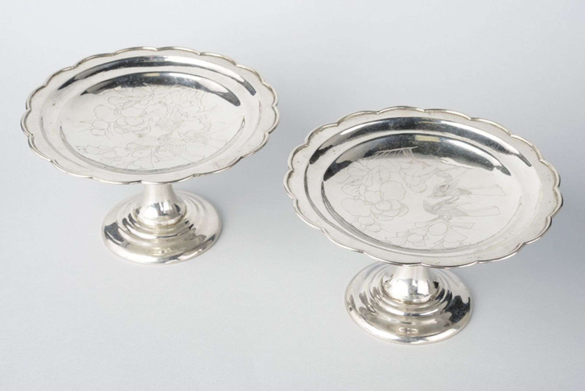 A fine pair of silver high footed bowls dating: 19th Century provenance: China On a wide base, the - Image 2 of 7