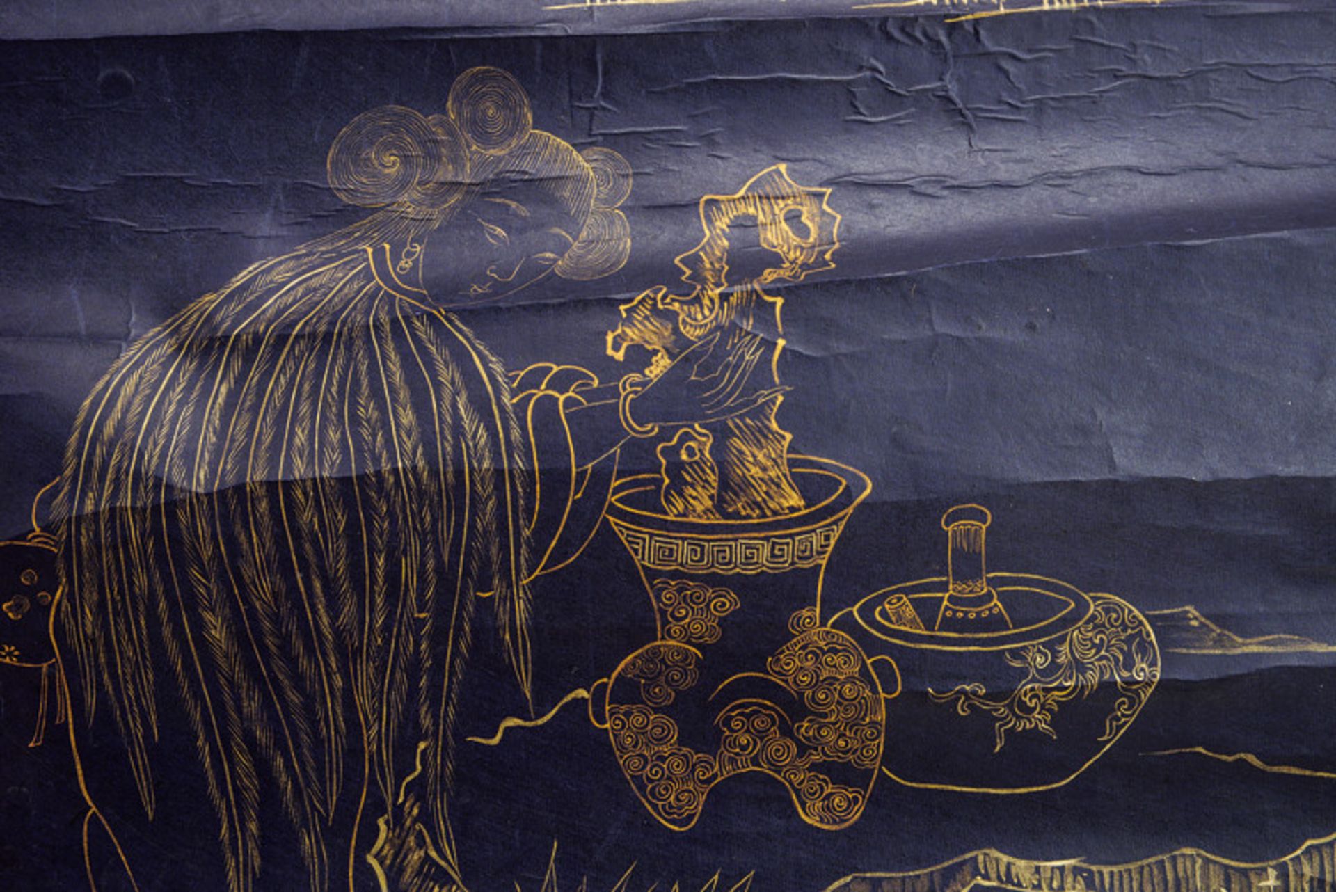 A painted scroll dating: late 19th Century provenance: China Finely painted in gold on blue ground - Image 8 of 8
