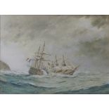 French Man 'O War in Trouble off the Coast, watercolour signed and dated W R Kennedy 1913,