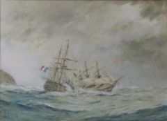 French Man 'O War in Trouble off the Coast, watercolour signed and dated W R Kennedy 1913,