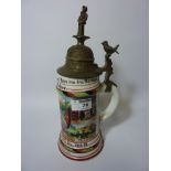 Early 20th century German 127th Infantry Regiment beer stein with figural decoration to hinged