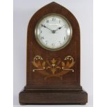 Edwardian inlaid mahogany arch top mantle clock, dial signed, J.