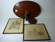 Edwardian mahogany gallery tray with inlaid shell motif, spelter figure,