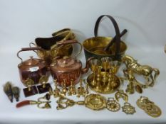 Two Victorian copper kettles, brass jam pan, two saucepans, coal scuttle, heavy horse ornament,
