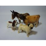 Beswick donkey, Jersey cow 'Newton Tinkle', Springer Spaniel and pug (4) Condition Report Jersey cow