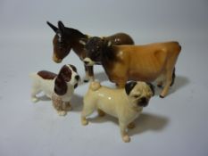 Beswick donkey, Jersey cow 'Newton Tinkle', Springer Spaniel and pug (4) Condition Report Jersey cow