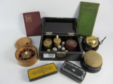 Lacquered box containing hallmarked silver thimbles, inkwell, Stanhope tape measure,