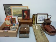 19th century mahogany lap desk, Tunbridge Ware tea caddy,eastern brass tray, railway lamp,