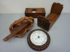 Edwardian oak cased barometer, telescopic book stand, puzzle box,