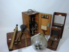 Early 20th century Leitz microscope (cased), 'Atlas' lighthouse bulb, car horn,