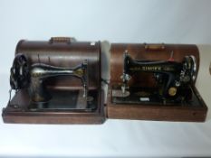 Two vintage Singer sewing machines and assorted sewing/knitting ephemera in three boxes