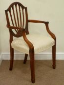 Reproduction mahogany Hepplewhite style carver armchair with upholstered seat