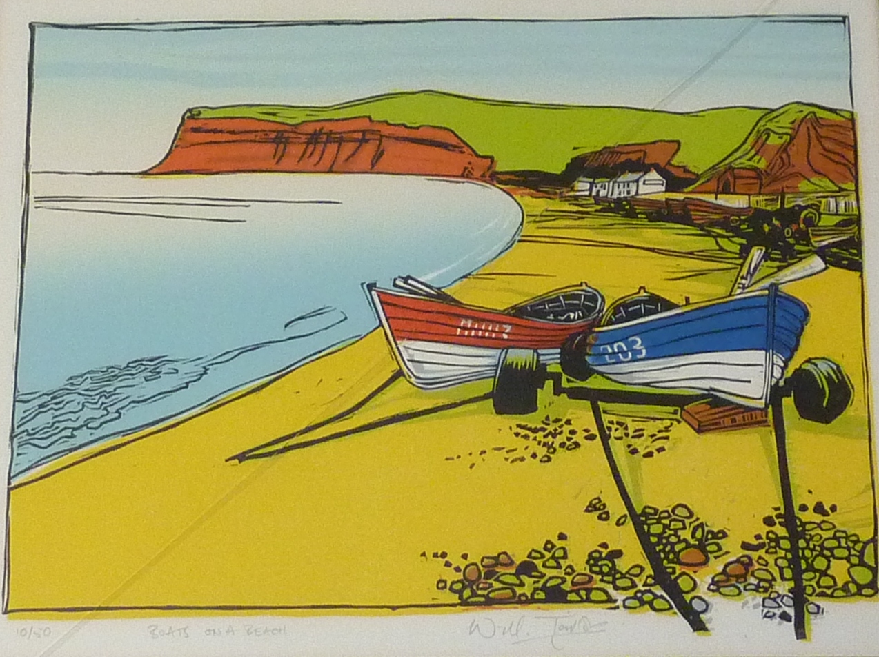 'Boats on a Beach', Will Taylor limited edition screen print signed titled and numbered 10/50 in