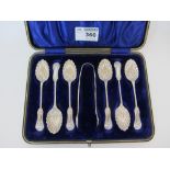 Set of six Edwardian silver teaspoons and sugar nips by Mappin and Webb Sheffield 1906 cased