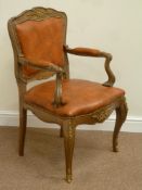 Reproduction beech framed French style armchair, leather upholstery,