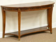 Reproduction cherry and walnut burr demi lune console table, fret work frieze panel,