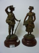 'Chasseur de Chamois' and 'Moissonneuse' pair bronzed spelter figures after Doriot H33cm