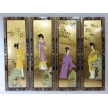 Four Japanese panels with hand painted figural decoration on gold leaf 91cm x 30cm